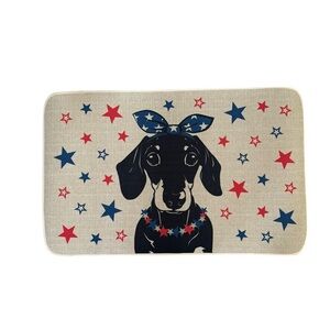 4th of July Dachshund Dog Patriotic Stars Welcome Kitchen Mat Tan Burlap 27X17”